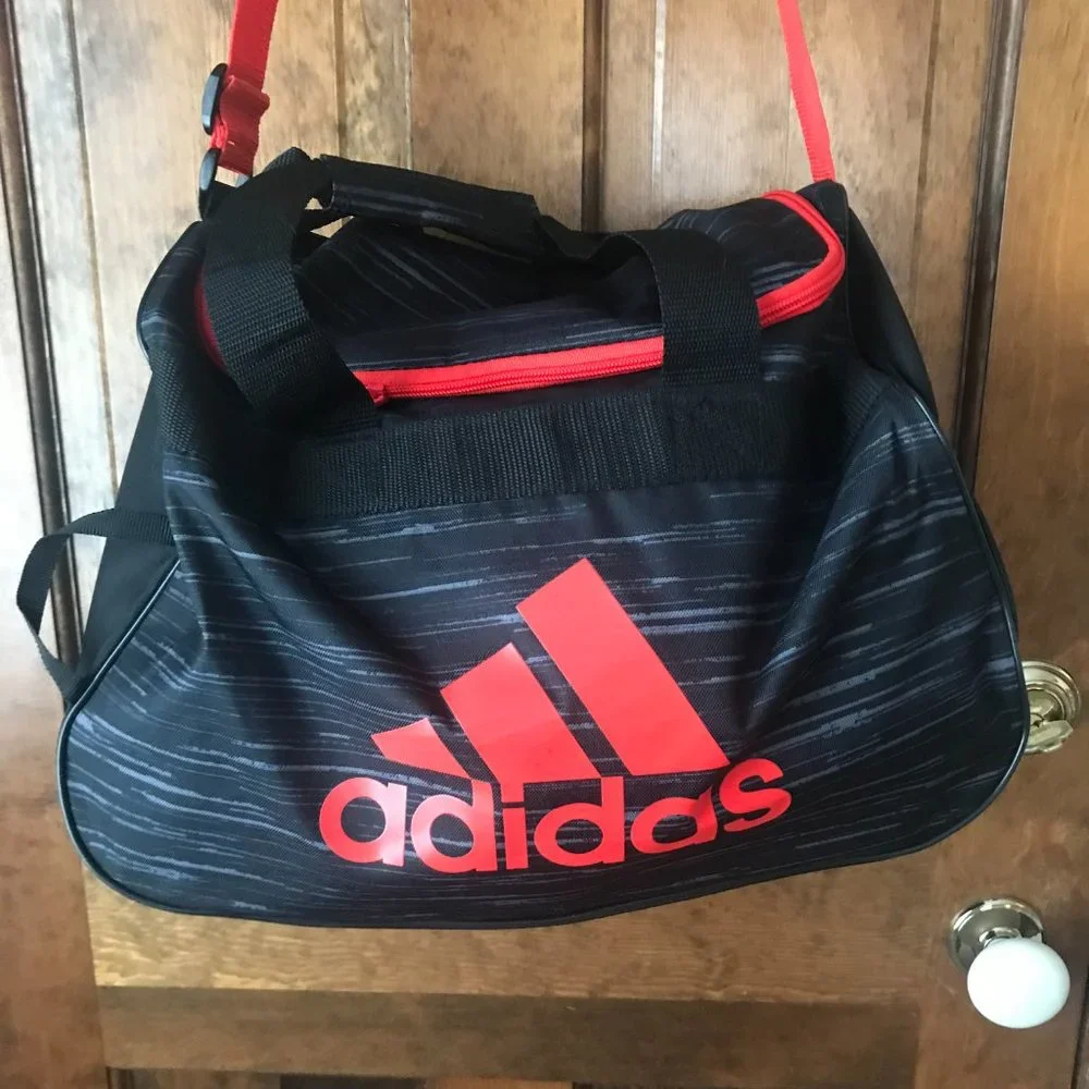 Adidas Black/Gray Duffel Bag w/Red Logo, Zipper & Shoulder Strap - Unisex